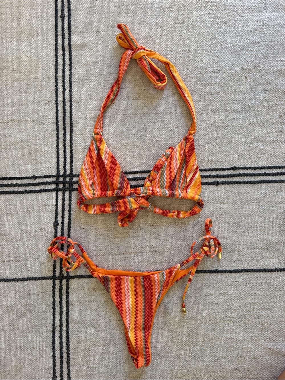 Monday Swimwear Orange Striped Bikini Swimsuit - Tie-Top & Side-Tie Bottoms
